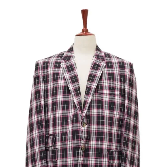 Mens 48R Pink Black Plaid Check Cotton Blazer Sport Coat Preppy Party Statement - Picture 4 of 8